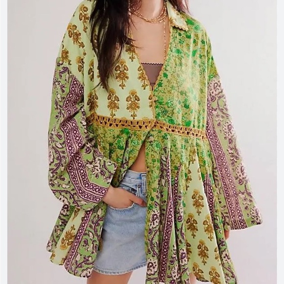 Free People Hazy Baby Printed Mini Dress Green Tunic Top Shacket Kimono Sz L NEW - Picture 10 of 12